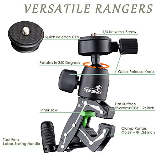 Adjustable Camera Clamp Mount with 360°Rotatable Mini Ball Head and 1/4" Screew Quick Release Tabletop C Clampod Bar Clamp for GoPro/Brinno/DSLR/MILC/SLR Camera and More Action Camera - style: R2