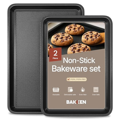 Diamond Bottom Cookie Sheet Set of 2, Nonstick Gray Carbon Steel Baking Pans for Crisp Baking, Space-Saving Stackable Trays, PFOA, PFOS, PTFE Free, Oven Safe Up to 450°F, Small & Medium Pans - color: Gray, size: Pack of 2
