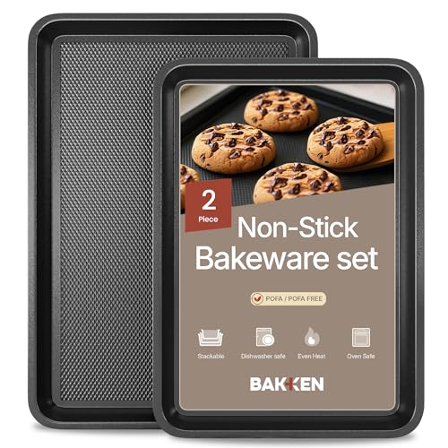 Diamond Bottom Cookie Sheet Set of 2, Nonstick Gray Carbon Steel Baking Pans for Crisp Baking, Space-Saving Stackable Trays, PFOA, PFOS, PTFE Free, Oven Safe Up to 450°F, Small & Medium Pans - color: Gray, size: Pack of 2