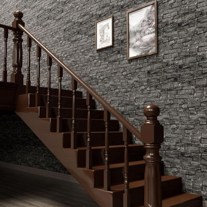 3D Wall Panels Peel and Stick in Black Grey Stone, 10 PCS XPE Foam 3D Wallpaper, Textured Faux Brick Wall Panels for Bedroom, Stairs, Kitchen - color: Black Rock, size: 10PCS