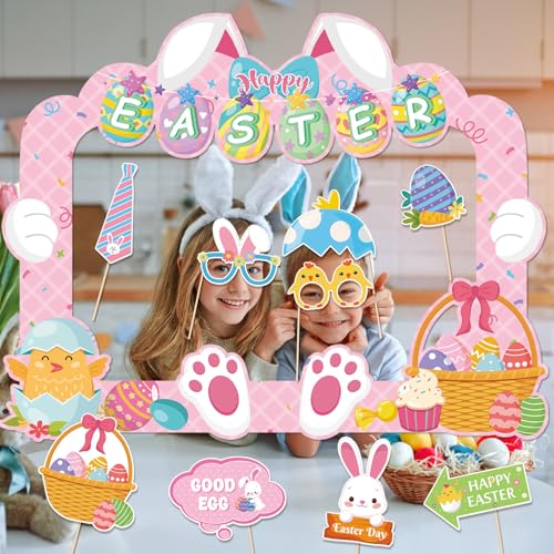 HOWAF Easter Photo Booth Props, 25pcs Happy Easter Party Decorations Photoshoot Props with Photo Frame, Egg Bunny Selfie Props for Spring Easter Photography