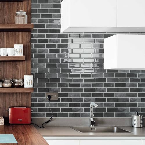 Art3d 10-Sheet Kitchen Backsplash Tiles Peel and Stick, Self Adhesive Wall Tile Sticker for Kitchen Island Bathroom Laundry Room RV Renter 12" x 12" - Smoky Black - color: Smoky Black