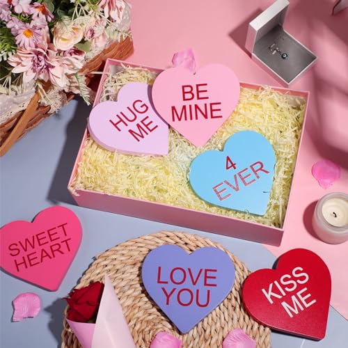 6 Pieces Valentine's Day Wooden Signs Colorful Heart Shaped Wood Tabletop Decor Valentine Tiered Tray Decor Love You Be Mine Kiss Me Table Centerpieces for Valentine (Bright Style,4.7 x 4.7 x 0.5 In) - color: Bright Style, size: 4.7 x 4.7 x 0.5 In