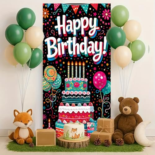 Happy Birthday Door Banner Backdrop (30 x 75 inches) - Colorful Party Porch Decoration, Birthday Celebration and Party Decorations Cake and Balloon Elements - color: multicolored#mf2602001
