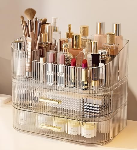 Makeup Organizer with Drawers and 360° Rotating Brush Holder, Large Capacity Cosmetic Storage for Vanity, Skincare, Perfume, Hair Accessories, Lipstick & Jewelry (Clear, 3-layer) - color: Clear, size: 3-layer