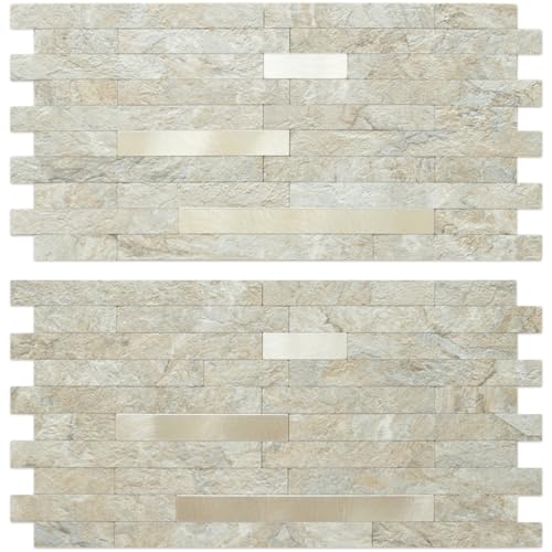 AULIGET 2 Sheets Faux Stone Peel and Stick Backsplash, Sandstone with Champagne Gold PVC Wall Tiles Stick on Backsplash for Kitchen - color: Sandstone + Champagne Gold, size: 2 Sheets, 6"x12"x0.12"