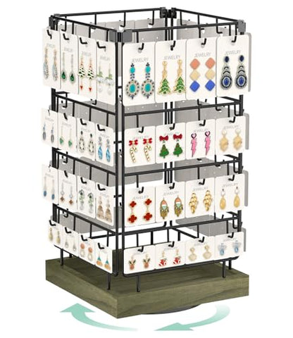 EsLuker.ly Rotating Earring Display Holder Stand for Vendors Events Selling, Large Capacity 64 Hooks Jewelry Rack with Wooden Base for Earring Card Sales, Enhances Retail Visibility(Rustic Gray) - color: Rustic Gray+Black