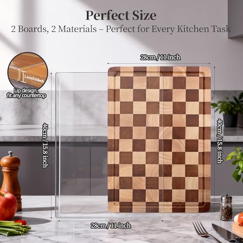 Checkered Cutting Board and Acrylic Cutting Board Set, 2 PCS Cutting Boards for Kitchen, Checkerboard Solid Wood End Grain Chopping Board with Juice Groove & Acrylic Cooking Board with Counter Lip - style: Acrylic board +Checkerboard