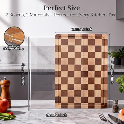Checkered Cutting Board and Acrylic Cutting Board Set, 2 PCS Cutting Boards for Kitchen, Checkerboard Solid Wood End Grain Chopping Board with Juice Groove & Acrylic Cooking Board with Counter Lip - style: Acrylic board +Checkerboard