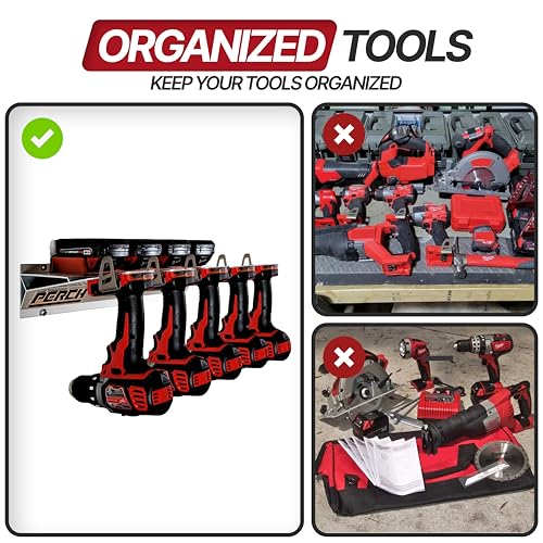 PERCH Tool Holder Rack for Milwaukee M18 18v | Securely Mounts 5 Cordless Tools | Universal Mounting | Most Durable Cordless Tool Organizer