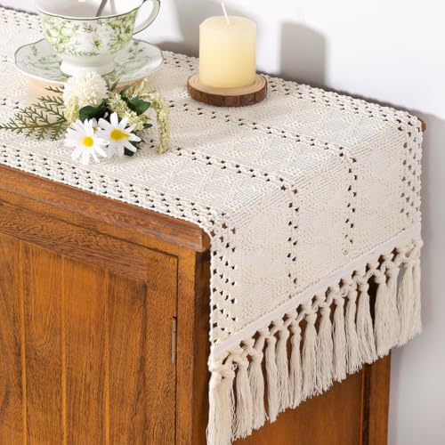 Socomi Boho Table Runner Summer Farmhouse Rustic Dining Kitchen Centerpiece Decor Small Macrame Woven Cotton Linen Coffee Table Runner for Dresser Scarf Home Decor 12x36 inch Cream Ivory - color: Cream, size: 12" X 36"