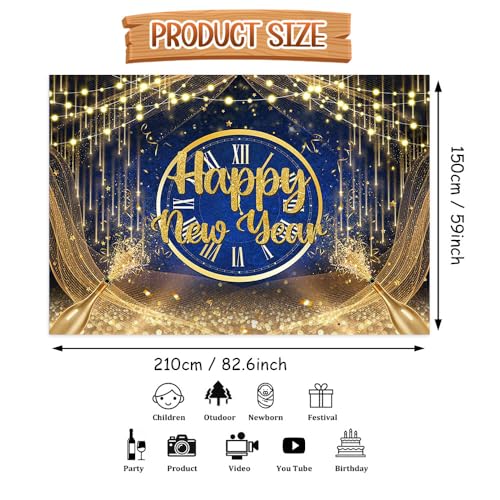 AIBIIN 7x5ft Happy New Year Backdrop 2026 New Years Party Decorations Gold Royal Blue New Years Eve Annual Countdown Party Supplies Gold Glitter Champagne Family Party Banner Photo Shoot Props - color: Gold Royal Blue, size: 7x5ft