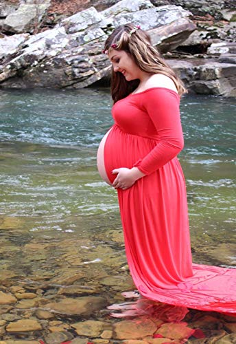ZIUMUDY Maternity Maxi Chiffon Photography Dress Split Front Gown for Photoshoot - color: Red