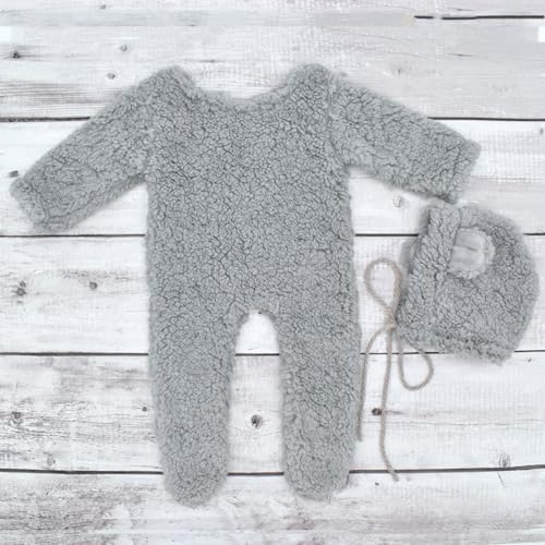 Zeroest Newborn Photography Props Boy Outfits Bear Baby Girl Photo Props Outfits Hat Footed Romper Sleeved Set for Photoshoot - color: Gray