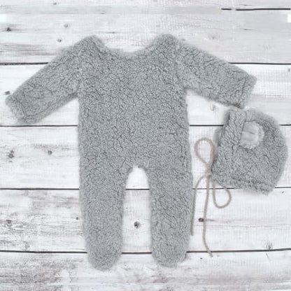 Zeroest Newborn Photography Props Boy Outfits Bear Baby Girl Photo Props Outfits Hat Footed Romper Sleeved Set for Photoshoot - color: Gray