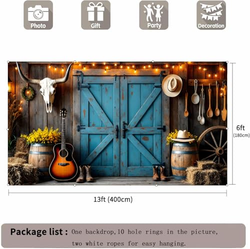 Western Cowboy Backdrop Decorations Wild West Country Farm Rustic Blue Barn Door Saloon Background Rodeo Banner Photoshoot Decor Supplies Photo Props for Kids Birthday Polyester Fabric 13x6ft