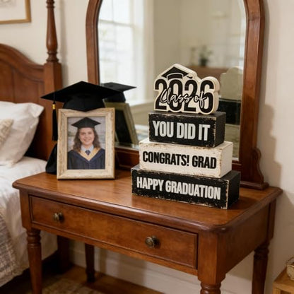 4 Pcs Class of 2026 Graduation Wooden Table Sign Tiered Tray Decor Wood Congrats Grad Table Centerpiece Block Signs You Did It Rustic Photo Props for Home Kitchen Shelf Display Farmhouse Congratulate