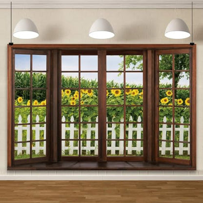 YongFoto 7x5ft Spring Window Scenery Backdrop Sunflowers Garden Rustic Fence Nature Landscape Photography Background Girl Woman Birthday Party Baby Shower Kids Adults Portrait Photo Studio Props - color: Green 4, size: 7x5ft