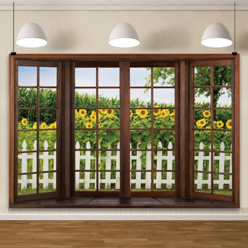 YongFoto 7x5ft Spring Window Scenery Backdrop Sunflowers Garden Rustic Fence Nature Landscape Photography Background Girl Woman Birthday Party Baby Shower Kids Adults Portrait Photo Studio Props - color: Green 4, size: 7x5ft