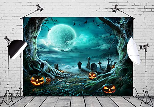 BELECO 12x10ft Fabric Halloween Graveyard Backdrop Spooky Full Moon Night Scary Pumpkin Halloween Party Decorations Photography Backdrop Adults Kids Family Holiday Party Decorations Photo Props
