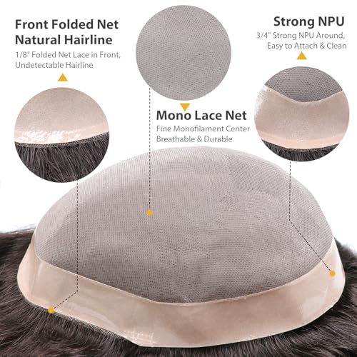 Toupee Mans Pieces and Hair System 100% Human Hair Mens Hairpiece Male Unit Mono Lace With Npu Around Lace Base Replacement 7x9 Inch 1B Off Black Strong Hold Undetectable Toupee System - color: 1B# Off black - Mono NPU, size: 7x9 Inch