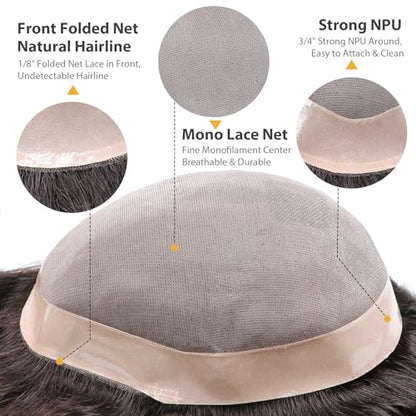 Toupee Mans Pieces and Hair System 100% Human Hair Mens Hairpiece Male Unit Mono Lace With Npu Around Lace Base Replacement 7x9 Inch 1B Off Black Strong Hold Undetectable Toupee System - color: 1B# Off black - Mono NPU, size: 7x9 Inch