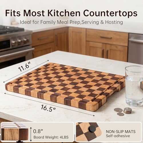 THETCHRY Cutting Boards for Kitchen, Checkered Cutting Board Upgraded, Acacia Wood Chopping Board with Juice Grooves & Handles, Large Butcher Block Serving Tray with Gift Box, 17"X12"X0.8" - size: 17"L x 12"W
