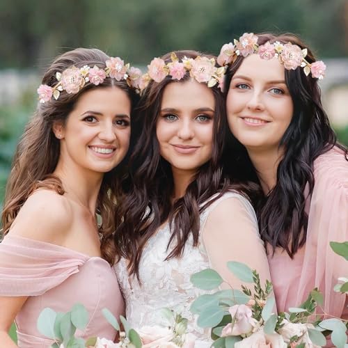 MEMOVAN Pink Flower Crown Headband Rose Floral Headpiece Adjustable with Gold Leaf Bohemian Fairy Flower Renaissance Hair Wreath Accessory for Girls Women Birthday Wedding Party Photo Props - color: pink