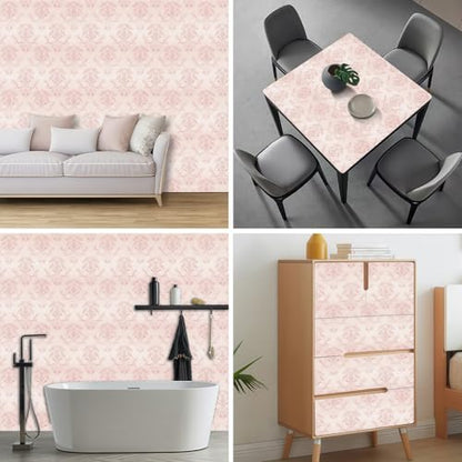 HOMETITUTE Wallpaper Peel and Stick Soft Pink Classic Damask Contact Paper Wall Paper Stick 17.7" x 118.1" Self Adhesive Removable Vinyl Wall Covering Bedroom Kitchen Bathroom Home Decor - color: Pink Classic Damask
