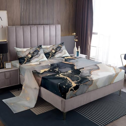 Black Marble Sheet Set - White Gray Gold Marble Bed Sheets Sets - Luxury Soft - Deep Pockets Wrinkle Free Marble Bedding - 1 Abstract Art Fitted Sheet, 1 Tie Dye Flat, 2 Pillow Cases - 4 Piece,King - color: A-01, size: King