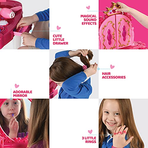 Play22 Pretend Play Girls Vanity Set with Mirror and Stool 21 PCS - Kids Makeup Vanity Table Set with Lights and Sounds - Includes Fashion Hair & Makeup Accessories
