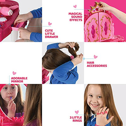 Play22 Pretend Play Girls Vanity Set with Mirror and Stool 21 PCS - Kids Makeup Vanity Table Set with Lights and Sounds - Includes Fashion Hair & Makeup Accessories