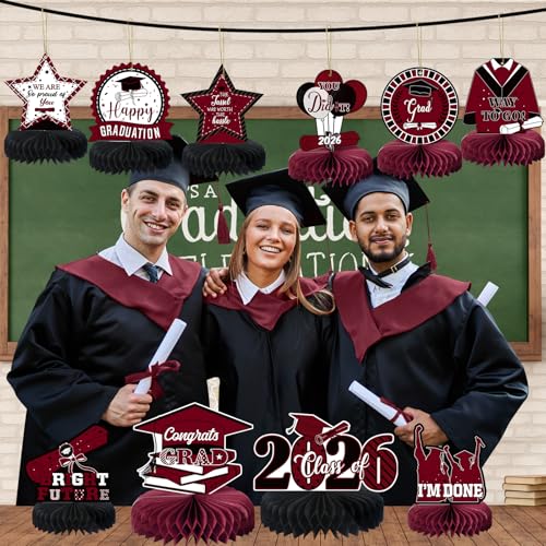 10PCS Graduation Party Decorations Class of 2026 Congrats Grad Table Centerpieces Congratulate Graduation Honeycomb Table Toppers for Graduation Party Supplies(Maroon Black) - color: Maroon Black