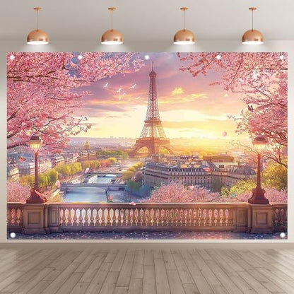 12x8ft Fabric Eiffel Tower Backdrop Paris Landscape Floral Lake Bridge Photography Background Wedding Girls Birthday Party Decorations Photo Booth Props - size: 12'x8'
