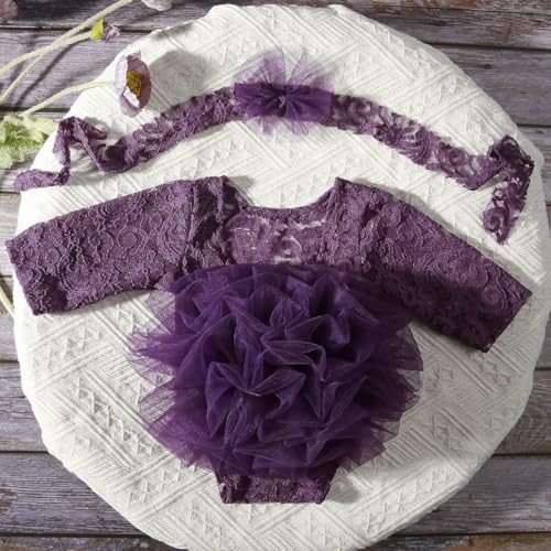 Newborn Photography Outfits Girl Baby Photography Props Lace Romper With headband Baby Photo Outfits Girls Photo Props - color: Purple