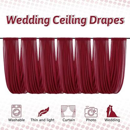DUOBAO Burgundy 5x20ft Chiffon Ceiling Drapes 6pc Elegant Sheer Wedding Backdrop Curtains Ideal for Tent, Banquet Hall, and Photography - color: Burgundy, size: 60"W x 240"L (Pack of 6)