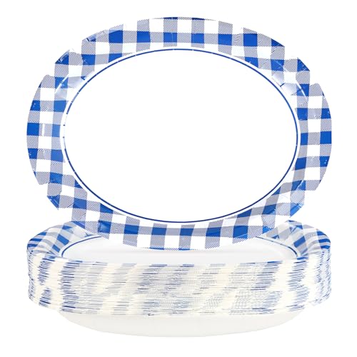 50Pcs Blue and White Gingham Oval Paper Plates 10" x 12" Large Blue Gingham Checkered Plaid Plates Disposable Heavy Duty Oktoberfest Plate for Oktoberfest Holiday Picnic BBQ Birthday Party Decorations - style: Blue Gingham Oval Plates