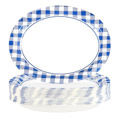 50Pcs Blue and White Gingham Oval Paper Plates 10" x 12" Large Blue Gingham Checkered Plaid Plates Disposable Heavy Duty Oktoberfest Plate for Oktoberfest Holiday Picnic BBQ Birthday Party Decorations - style: Blue Gingham Oval Plates