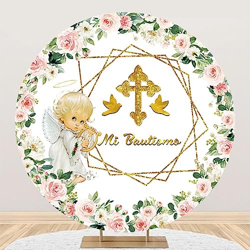 AOFOTO 7.2x7.2ft Mi Bautizo Round Backdrop Cover Polyester Baby Baptism First Holy Communion Circle Photography Background Floral Flowers Leaves Angel Cross Baby Shower Party Decors Photo Shoot Props - color: Green, size: 7.2x7.2ft