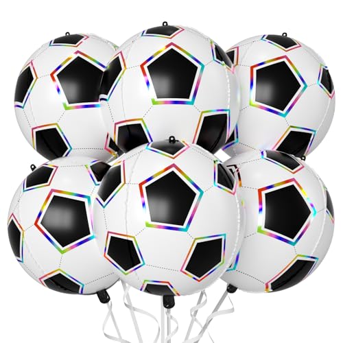 6 Pcs Soccer Balloons, 22 Inch Large Soccer Foil Balloon, 4D Colorful Edges Football Balloons, for Boys Men Birthday Sports Themed Party School Events Game Day Decorations - style: Soccer Colorful