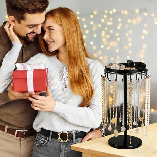 Necklace Holder Metal Jewelry Organizer Stand, Necklace Organizer Hanger with Tray & Hooks for Desk, Jewelry Holder for Necklaces Bracelets and Keychains, Elegant Home Hanging Decor - Black - color: Balck