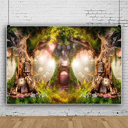Leowefowa 10x7FT Enchanted Garden Backdrop Magic Tree House Fairy Tale Wonderland Woodland Background Wedding Baby Shower Birthday Party Banner Cake Smash Decors Studio Portrait Photobooth Shoot Props - size: 10x7ft