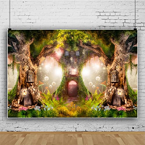 Leowefowa 10x7FT Enchanted Garden Backdrop Magic Tree House Fairy Tale Wonderland Woodland Background Wedding Baby Shower Birthday Party Banner Cake Smash Decors Studio Portrait Photobooth Shoot Props - size: 10x7ft