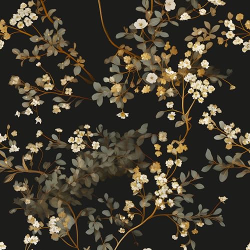 Fvlow Moody Black Dark Floral Peel and Stick Wallpaper Waterproof Contact Paper, Self Adhesive Vinyl for Living Room Bedroom Bathroom, Removable Wall Covering Furniture Decor, 17.4" x 118" Muted Gold - color: Black/Muted Gold, size: 17.4" x 118"