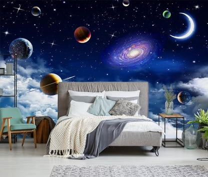 Galaxy Planet Wallpaper Blue Sky Stars Moon Ceiling Wall Mural for Living Room Bedroom（Not Peel and Stick） - color: CYBH-909, size: 91" x 60"