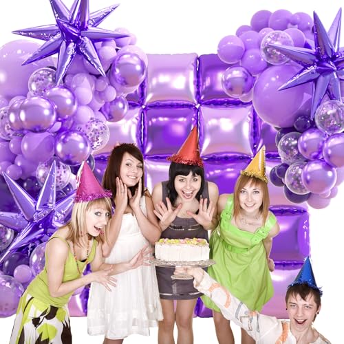 25+149pcs Double-Sided Purple Balloon Wall Kit - 25 Dark/Light Purple Foil Square Balloons 146 Metallic Lavender Purple Latex Balloon Garland & Star Balloons for Wedding, Birthday Backdrop - color: Purple