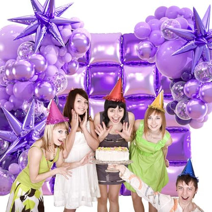 25+149pcs Double-Sided Purple Balloon Wall Kit - 25 Dark/Light Purple Foil Square Balloons 146 Metallic Lavender Purple Latex Balloon Garland & Star Balloons for Wedding, Birthday Backdrop - color: Purple