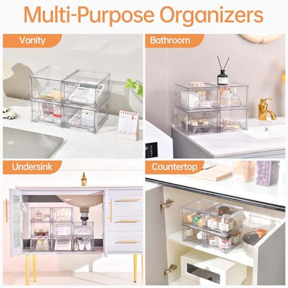 Stebopum 4 Pack Stackable Makeup Organizer, 4.4'' Tall Acrylic Bathroom Makeup Organizer and Storage Drawer with Pull-out Handle, Clear Plastic Storage Bins for Vanity,Pantry,Desk,Undersink,Kitchen - style: 4pack Small