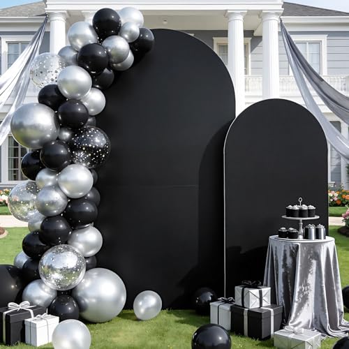 Set of 2 Arch Backdrop Covers Black(7.2Ft, 6Ft), 2-Sided Spandex Fitted Round Top Chiara Arch Backdrop Stand Covers for Baby Shower Wedding Birthday Party Supplies (Only Cover) - color: Black, size: 7.2FT/6FT