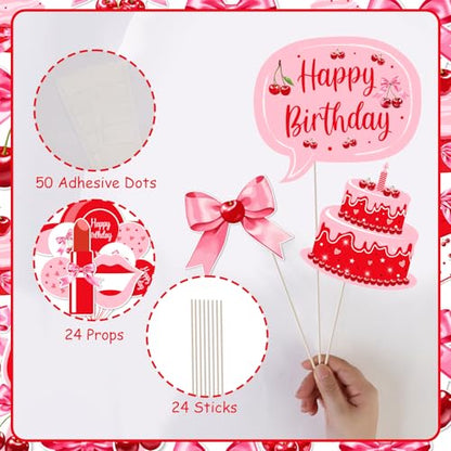 24 Pcs Pink Cherry Photo Booth Props Set, Cherry Happy Birthday Photography Posing Selfie Props with Sticks, Summer Fruit Theme Photo Shoot for Bday Baby Shower Party Supplies
